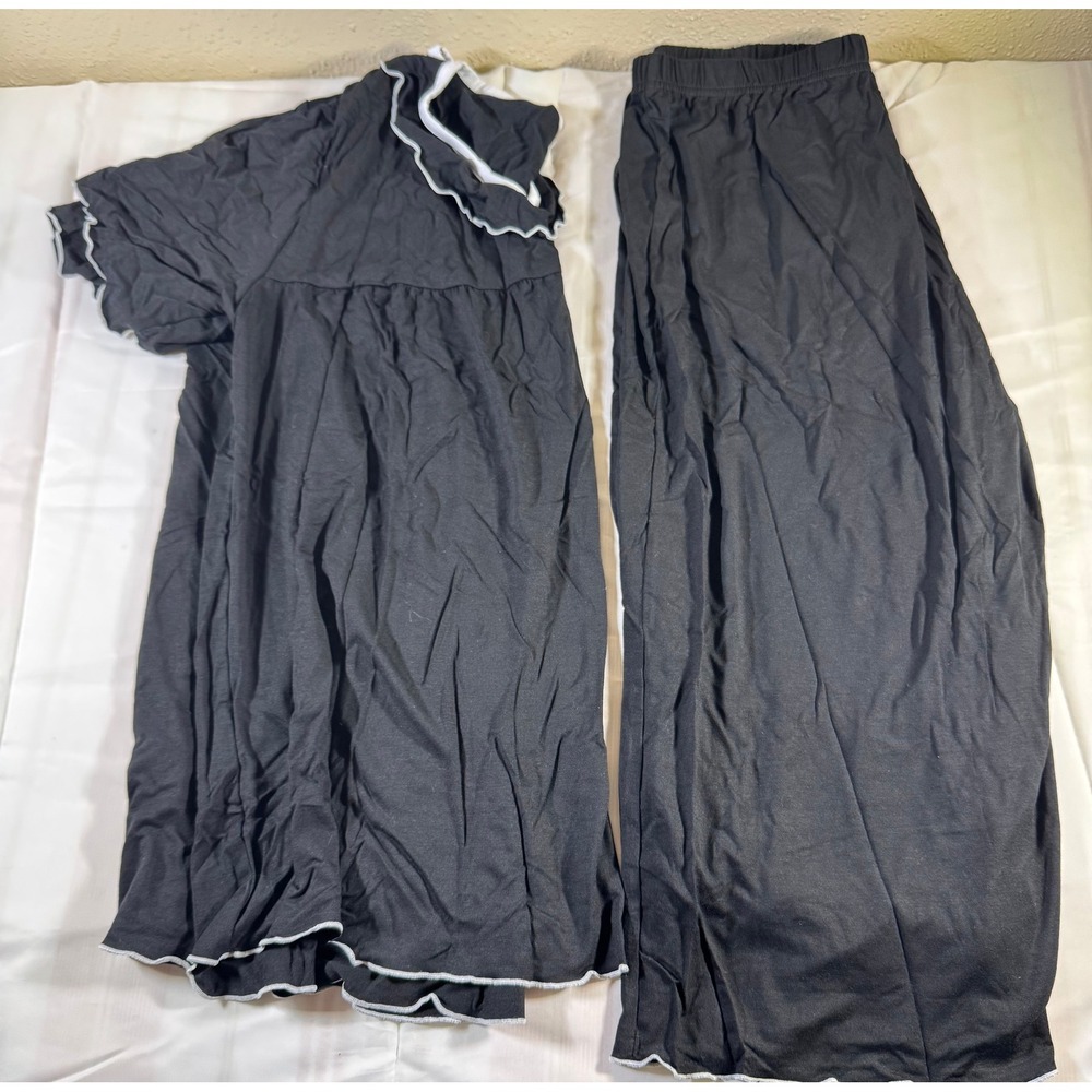 Black Ruffle Lettuce Edge Pajama Set Viscose Spandex Loungewear 2pc Size 10
